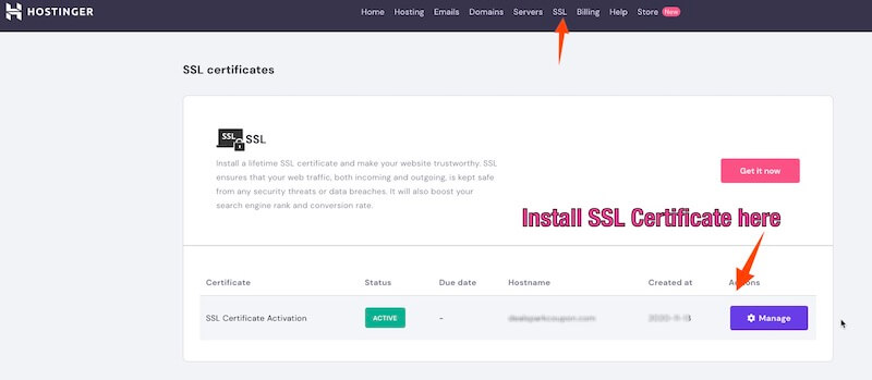 Hostinger SSL cert installation